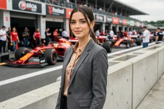 Femme élégante en veste tailleur dans un paddock de Formule 1, arrière-plan flou avec garages et bannières de sponsors