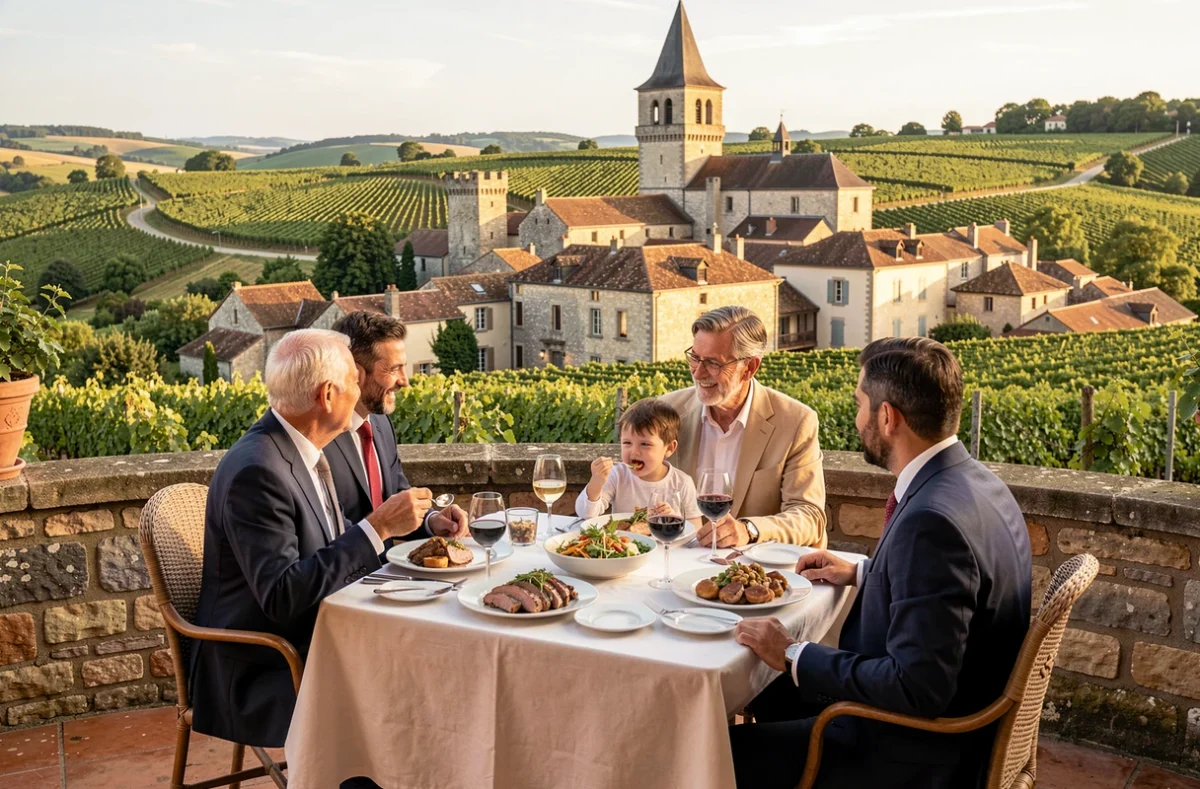 Côté Bastide à Saint-Émilion, terrasse de restaurant avec vue sur le village médiéval et famille savourant la cuisine bordelaise