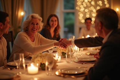Couple agee souriant lors d un diner familial festif