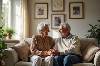 Vieux couple assis sur un canapé dans un salon lumineux