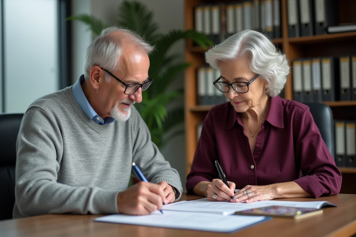 Couple de retraités consultant un notaire pour la rédaction d'un testament visant à protéger le conjoint survivant