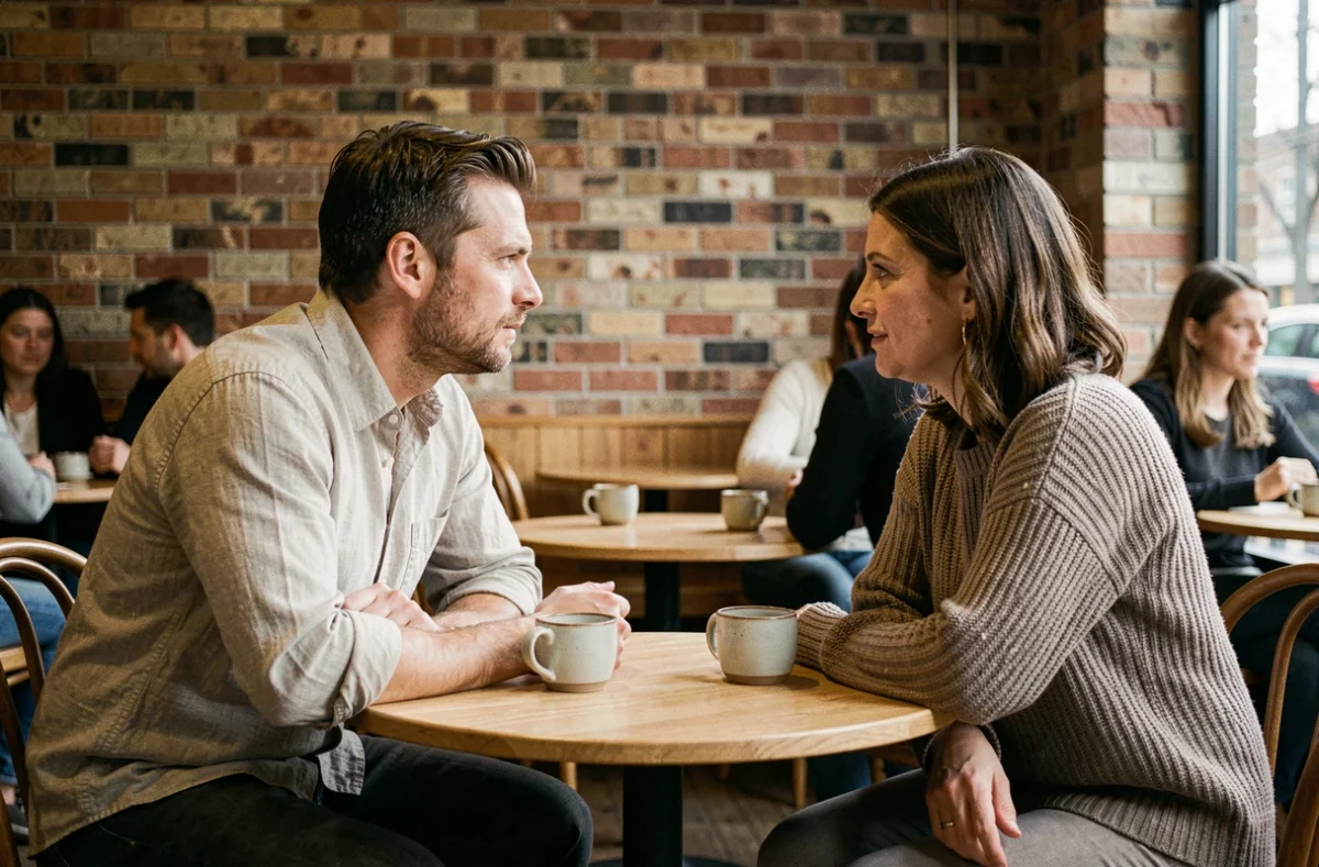 Couple en conversation sérieuse dans un café, abordant le sujet des limites et de la confiance dans la relation