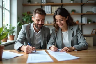 Couple examinant les documents nécessaires pour se pacser à leur bureau à domicile