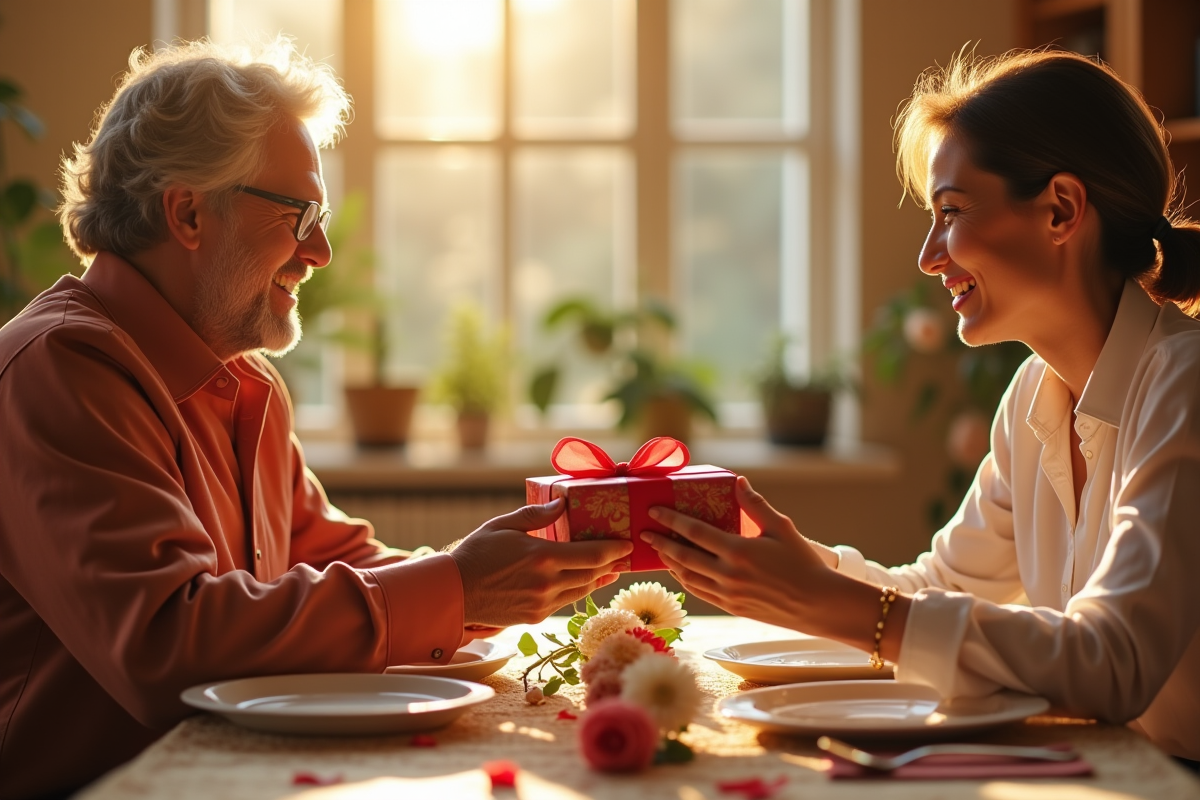 Couple dans la quarantaine échangeant des cadeaux élégants à une table ensoleillée