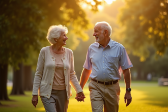 Couple de seniors marchant main dans la main dans un parc ensoleille