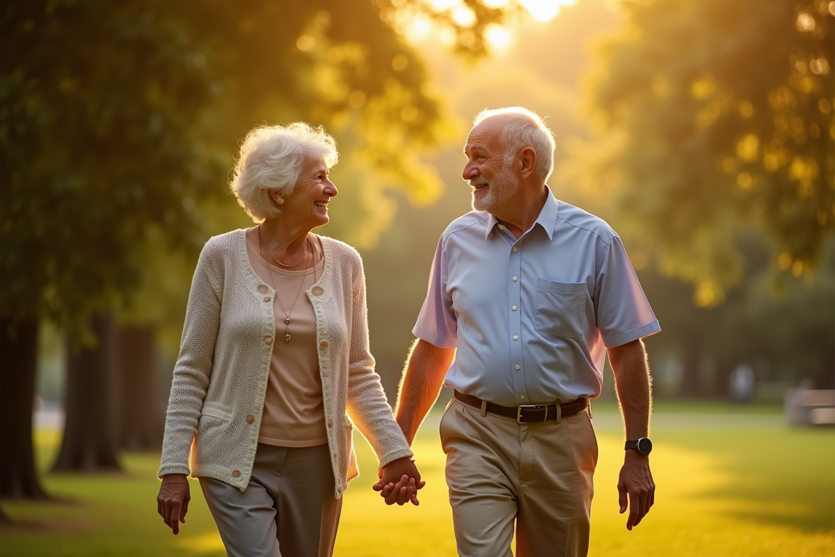Couple de seniors marchant main dans la main dans un parc ensoleille