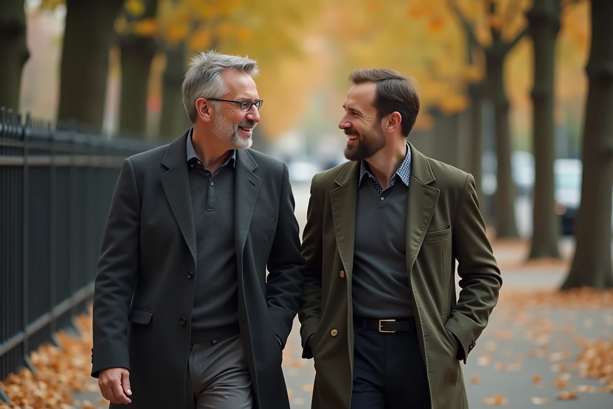 Deux hommes marchant côte à côte sur un boulevard parisien en automne, complicité discrète et élégante