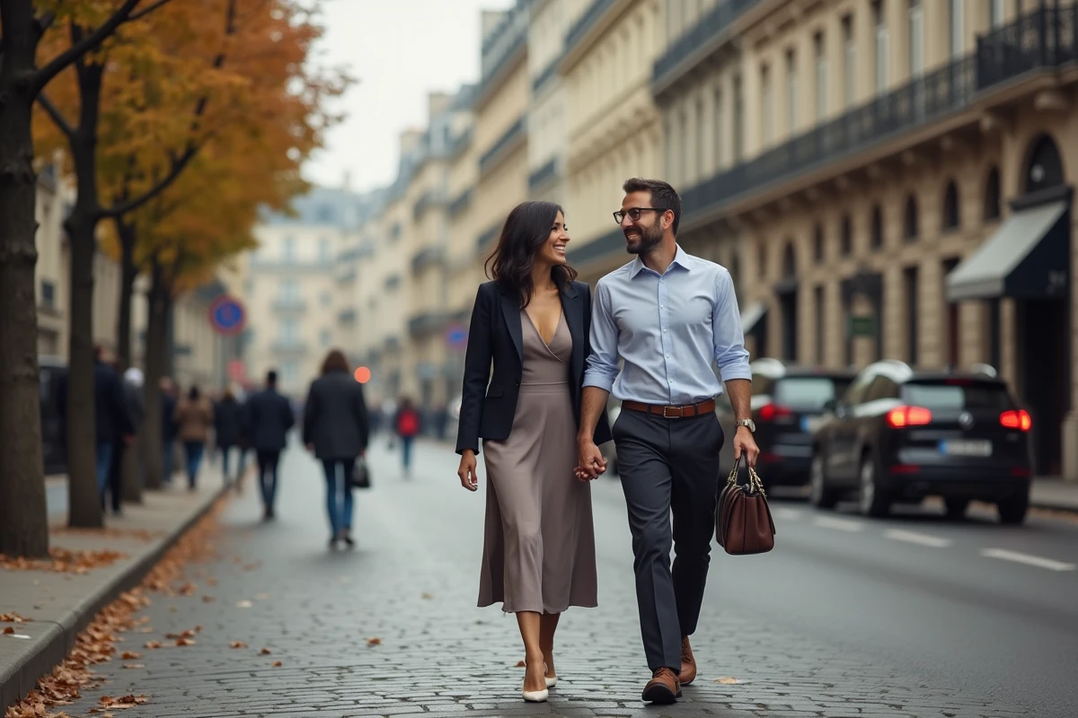 Couple élégant se promenant sur un boulevard parisien en automne, illustration de la vie privée d'une personnalité médiatique française