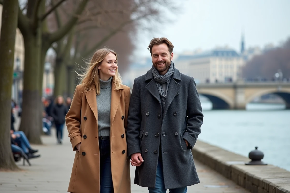 Couple élégant se promenant sur les quais de Seine à Paris, ambiance romantique et complice