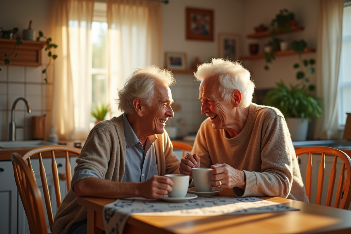 Couple de seniors partageant un café dans la cuisine lumineuse