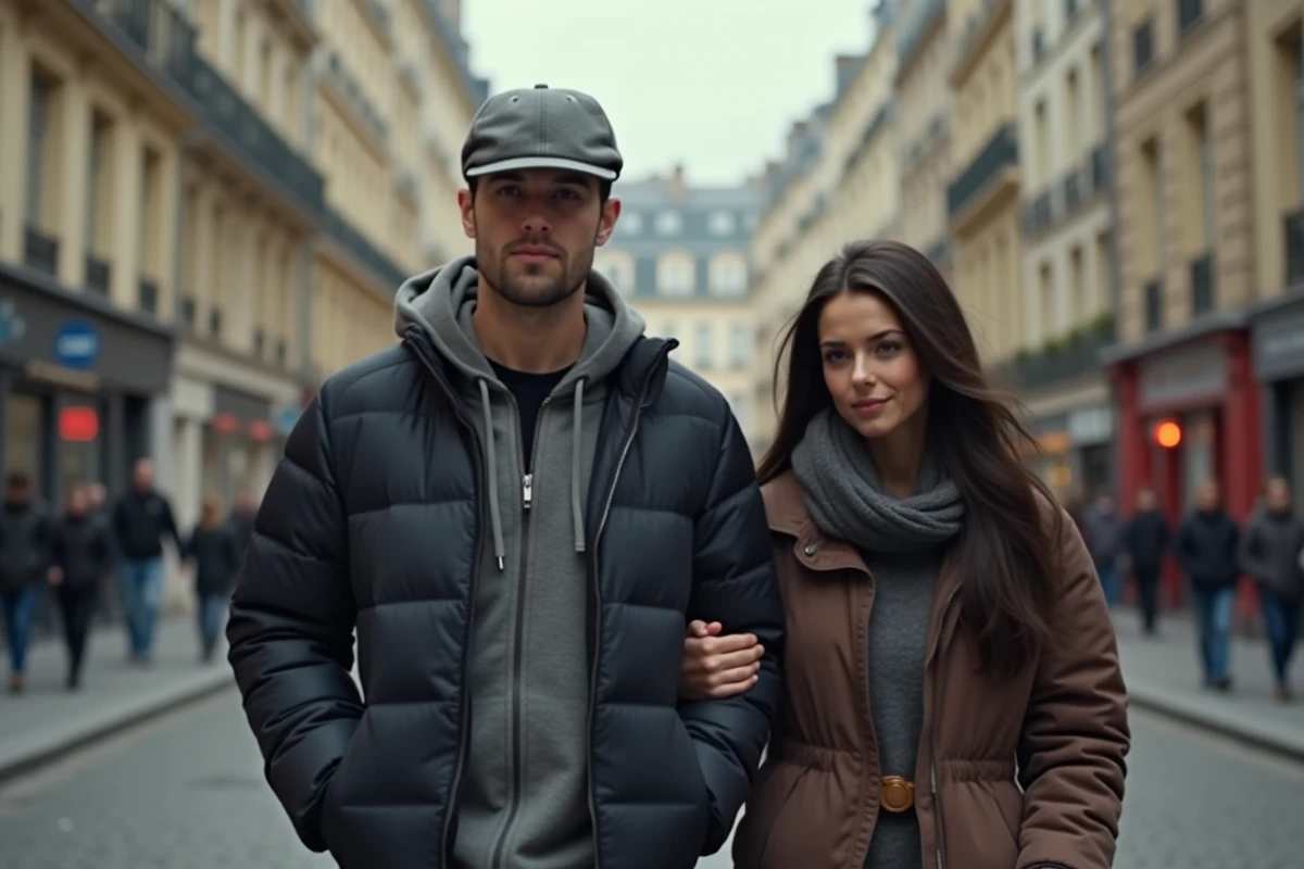Couple marchant incognito dans une rue parisienne, illustrant la protection de la vie privée d'un artiste et de sa femme