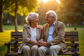 Couple âgé riant main dans la main dans un parc ensoleille