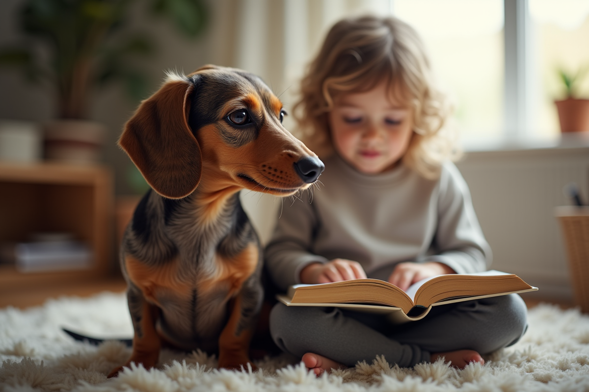 Dachshund merle calme assis avec un enfant lisant un livre