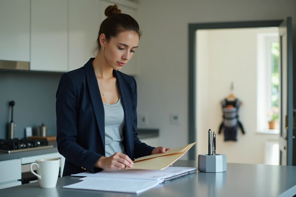 Femme examinant des documents administratifs CAF pour une demande de passage à 80% après congé maternité dans une cuisine moderne