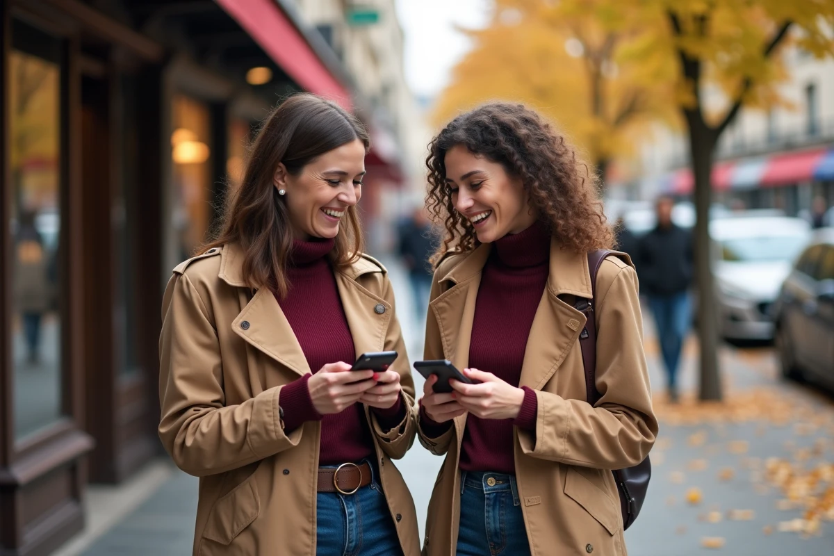 Deux amies riant ensemble en partageant des textos de rentrée dans une rue animée d'automne