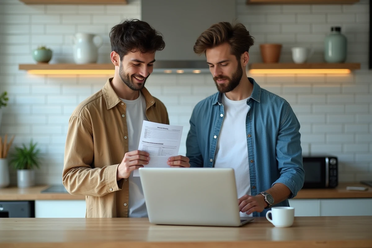 Deux hommes préparant les documents pour leur PACS dans leur cuisine partagée