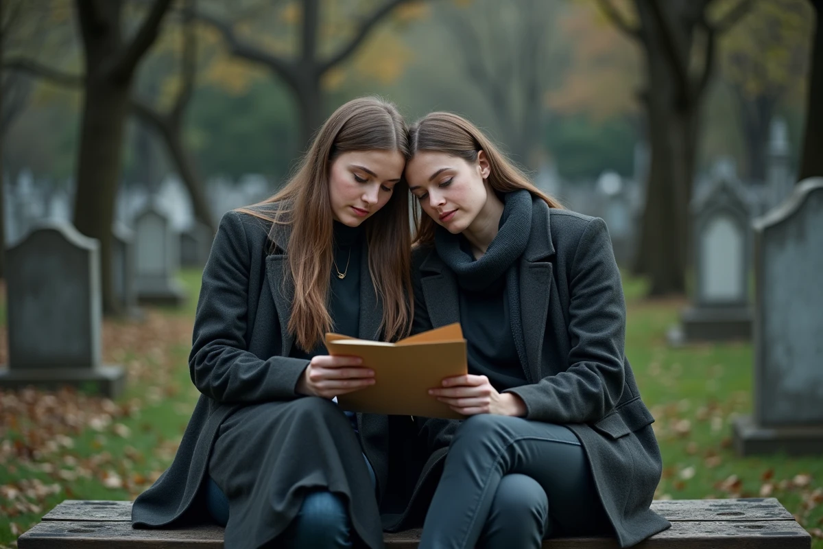 Deux sœurs adultes lisant un poème ensemble dans un cimetière en hommage à leur mère décédée, atmosphère de recueillement et de deuil partagé