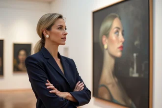 Femme élégante en blazer marine contemplant une œuvre d'art contemporaine dans une salle de ventes aux enchères prestigieuse, évoquant l'univers du marché de l'art et l'héritage Wildenstein