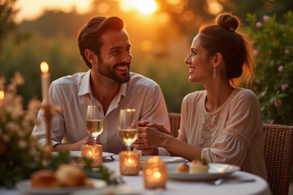 Couple souriant tenant la main lors d'un dîner romantique en extérieur