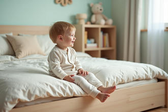 Enfant en pyjama dans un lit en bois pastel