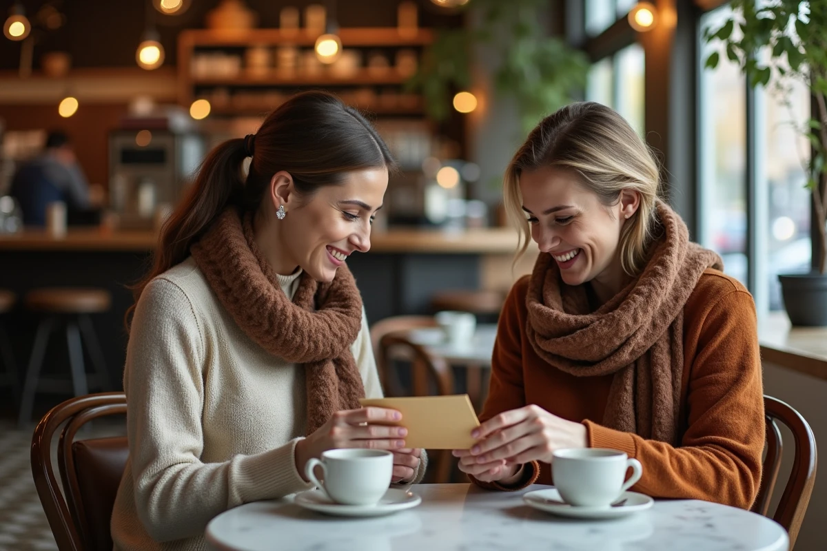 Deux femmes dans un café, l'une remettant une enveloppe manuscrite émouvante à l'autre dans un moment de complicité sincère