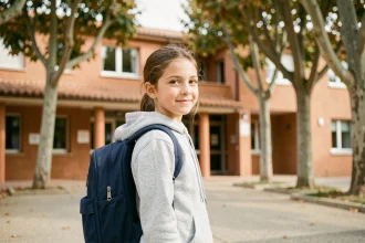 Écolière avec sac à dos devant une école de Montpellier en zone scolaire