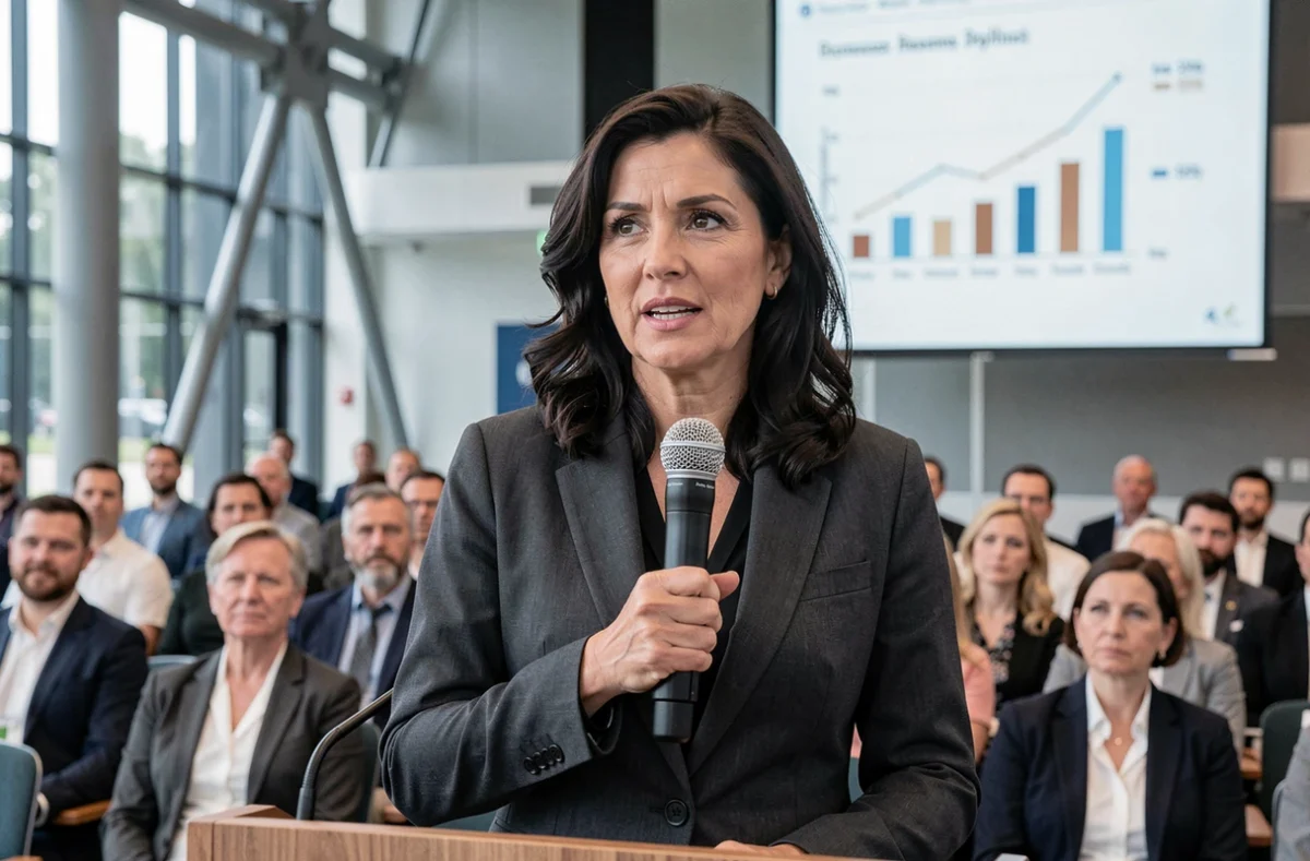 Économiste française prenant la parole lors d'une conférence professionnelle devant un écran affichant des données économiques
