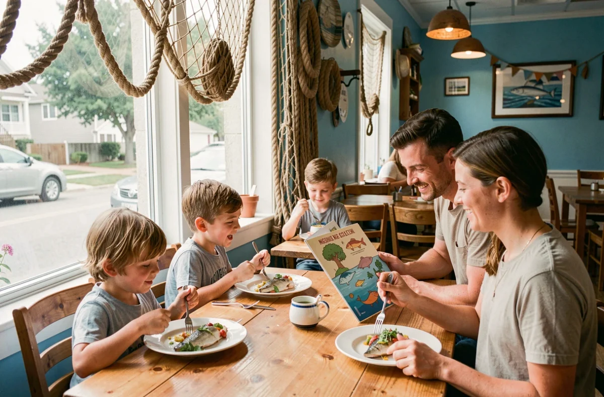 Effet Mer Resto à Mérignac, restaurant à thème maritime avec famille dégustant des plats de poisson dans un décor côtier