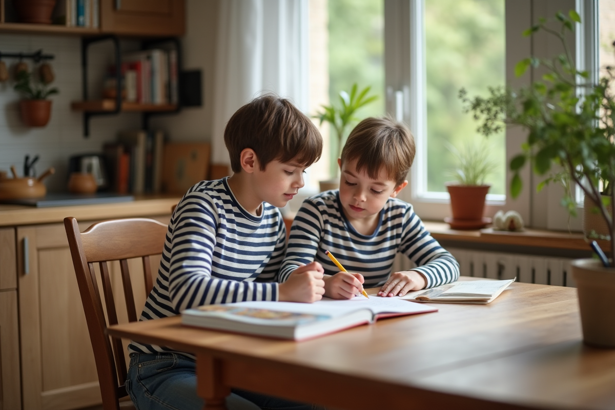 Jeune garçon aidé par sa mère pour ses devoirs à la maison