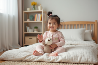 Petite fille heureuse en pyjamas pastel dans une nurserie