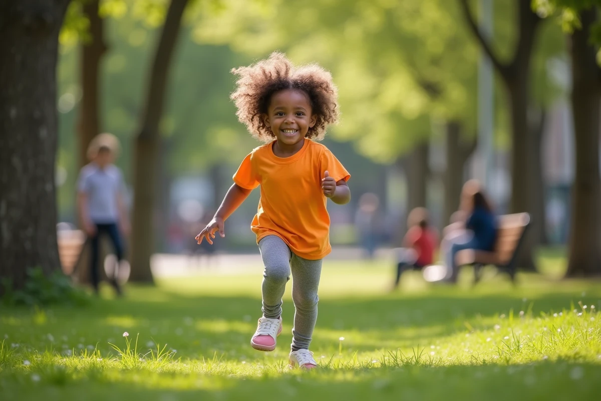Jeune fille courant dans un parc urbain ensoleille