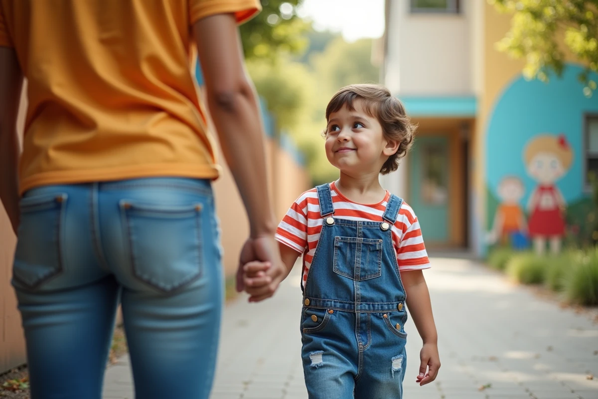 Garçon avec éducateur à l entrée de l école maternelle