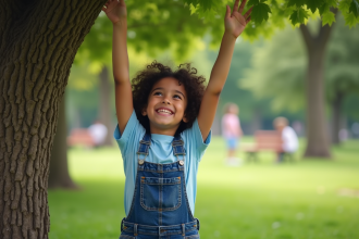 Fille souriante de 7 ans dans un parc vert