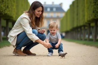 Mère et enfant de 3 ans explorant un jardin public parisien, enfant pointant un oiseau avec enthousiasme