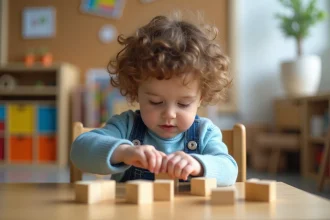Enfant en maternelle assemble des blocs en bois dans une salle moderne