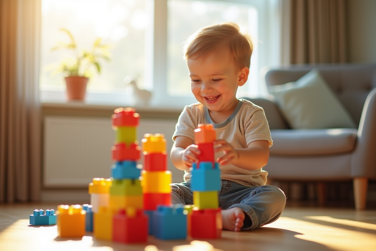 Garçon de 3 ans jouant avec des blocs colorés dans le salon