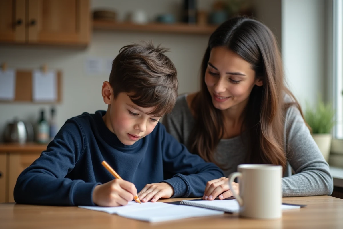 Garçon écrivant une note d'absence avec sa mère dans la cuisine