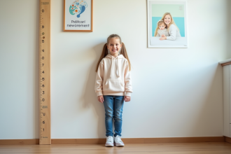 Fille souriante à la clinique avec un tableau de taille