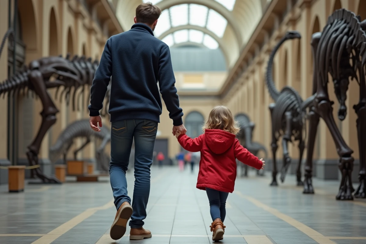Papa et fillette de 3 ans visitant un muséum parisien avec squelette de dinosaure en arrière-plan