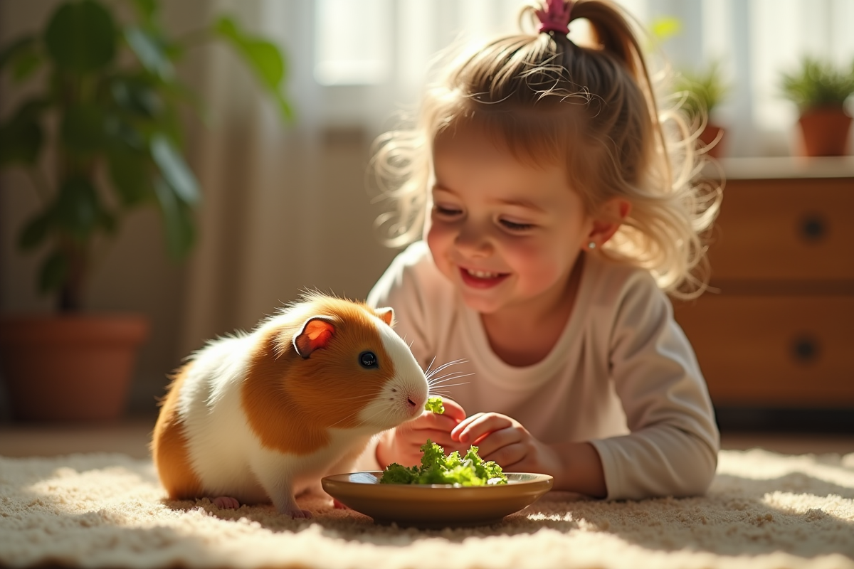 Enfant donnant des légumes à un cochon d
