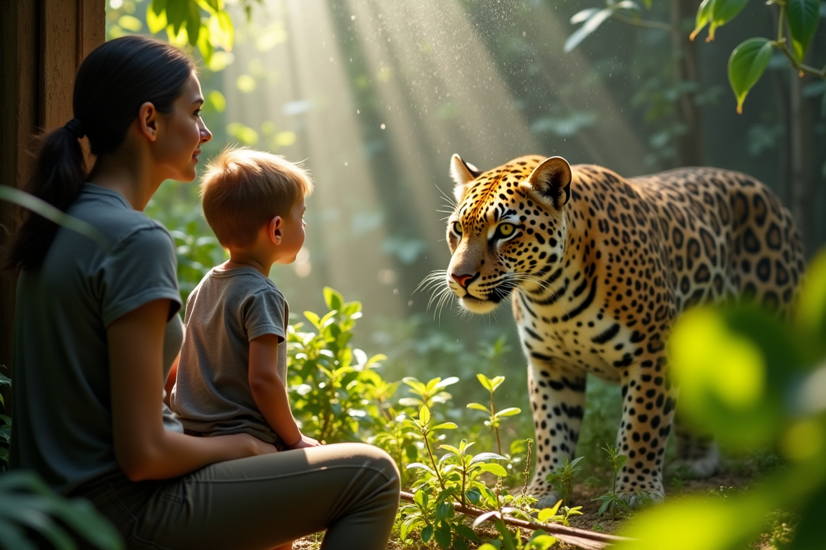 Enfant et parent observant un jaguar dans la nature luxuriante