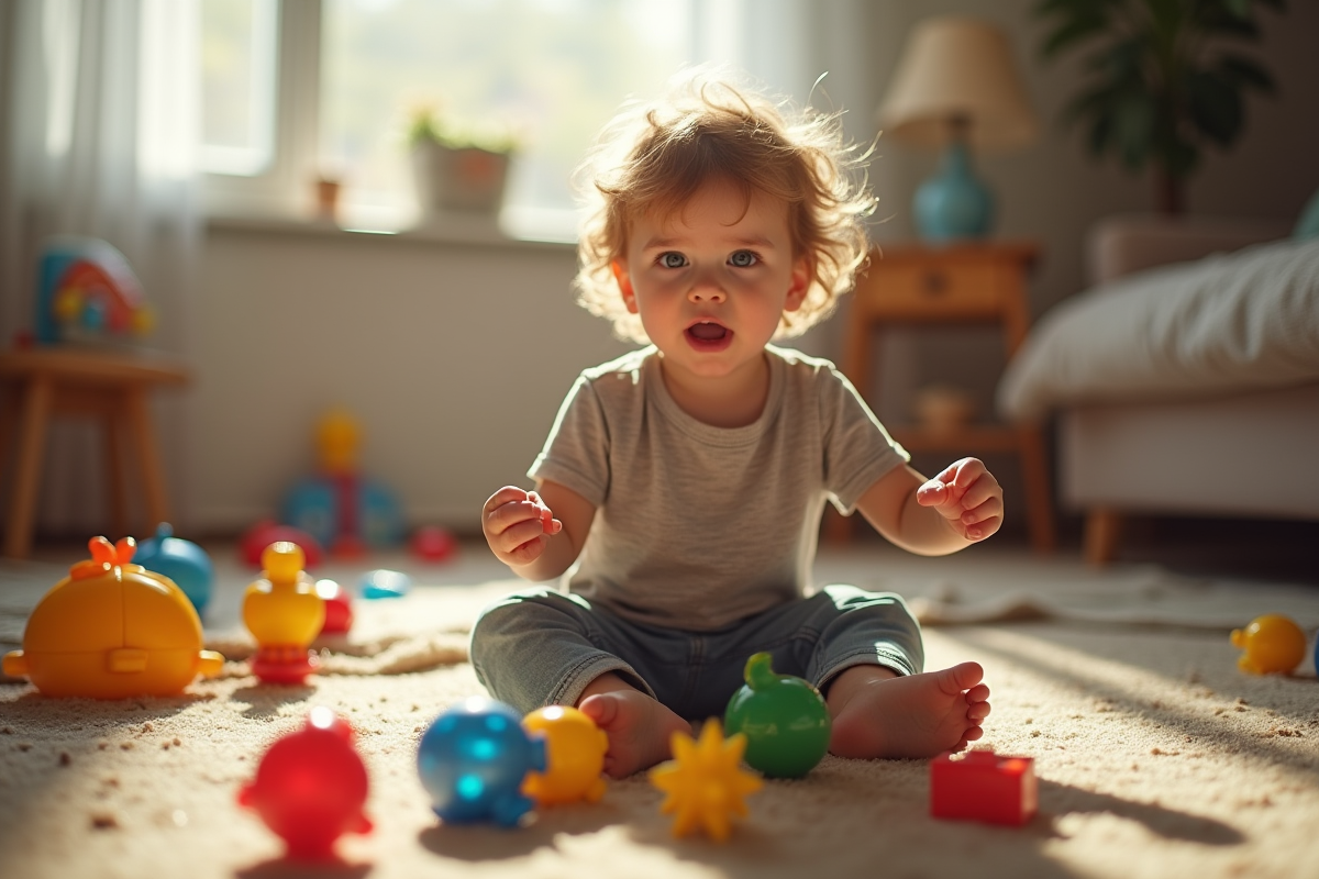 Enfant de trois ans assis sur le sol du salon avec jouets colorés