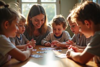 Jeunes enfants apprenant le rummy avec un adulte souriant