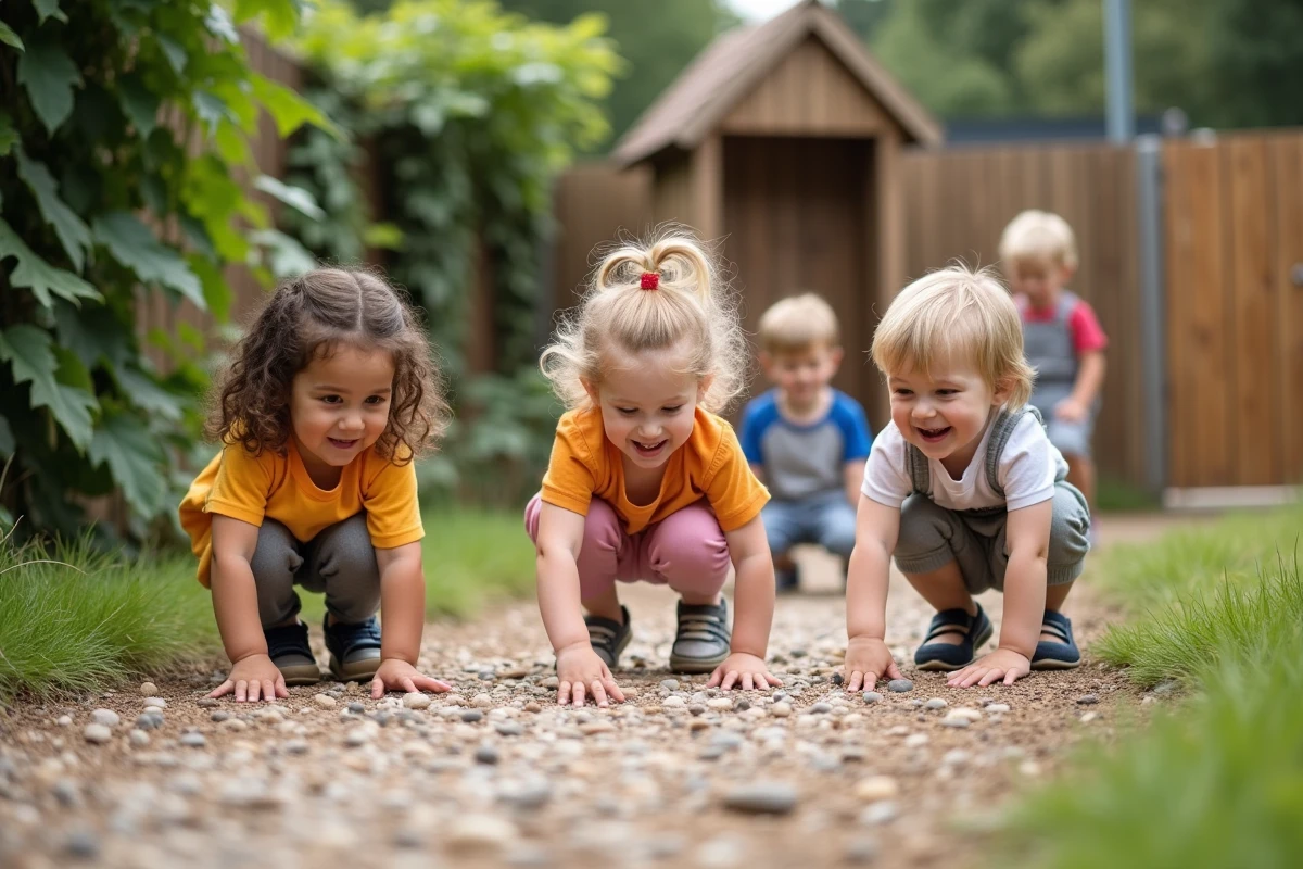 Groupe d enfants explore un chemin sensoriel en extérieur