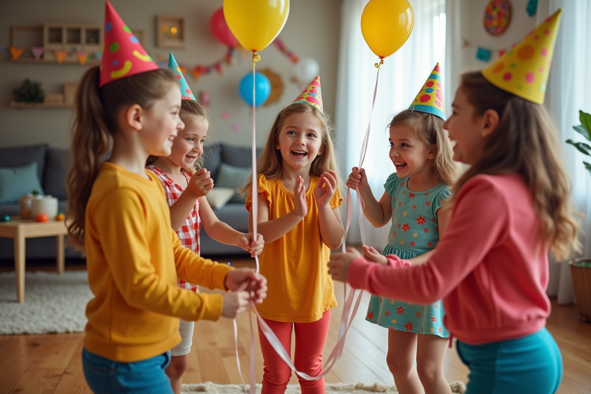 Groupe d'enfants joyeux lors d'une fête avec ballons et rubans