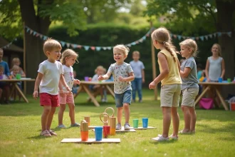Enfants jouant à un jeu de lancer de cercles en extérieur