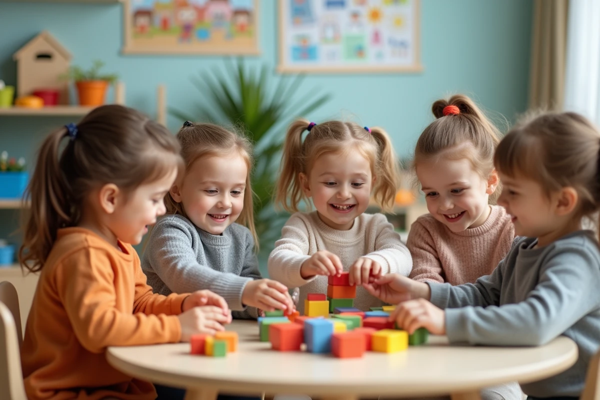 Groupe d enfants jouant avec des blocs colorés en maternelle