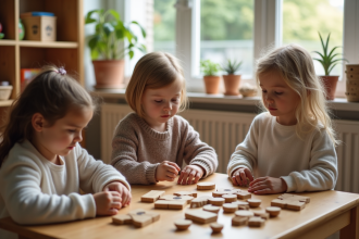 Groupe d'enfants Montessori en classe avec jouets en bois