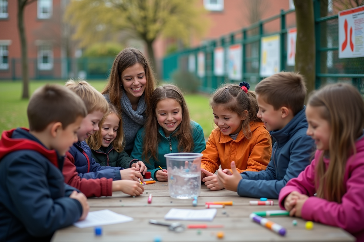 Enfants en extérieur participant à une expérience scientifique