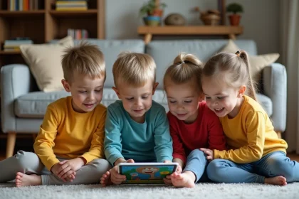 Groupe d'enfants jouant sur une tablette dans le salon